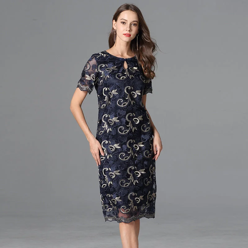 (Ready Stock 5XL Mid Sleeve - 1 Pc) Plus Size Gold Navy Blue Lace Formal Dress