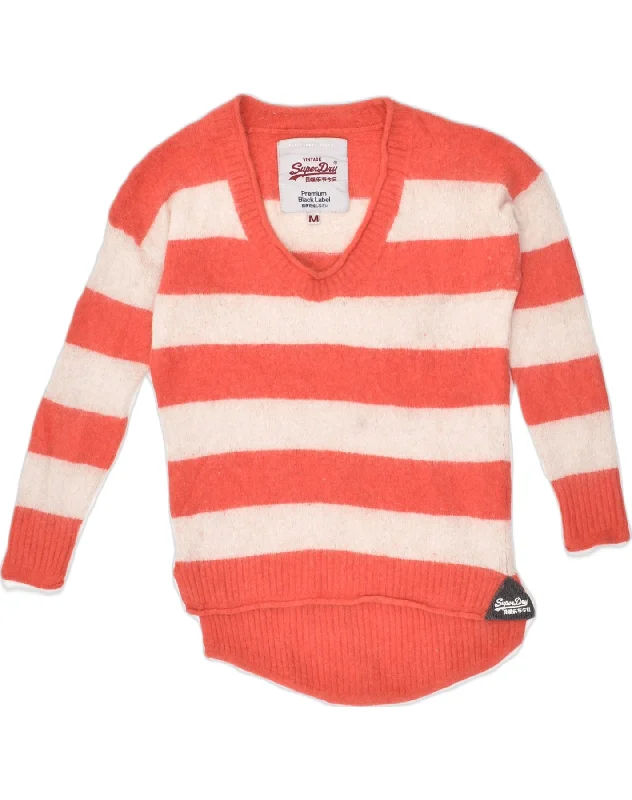 SUPERDRY Womens V-Neck Jumper Sweater UK 14 Medium Orange Striped Wool