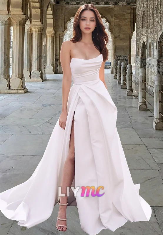 LW029 - A line Strapless Satin Wedding Dress with Slit