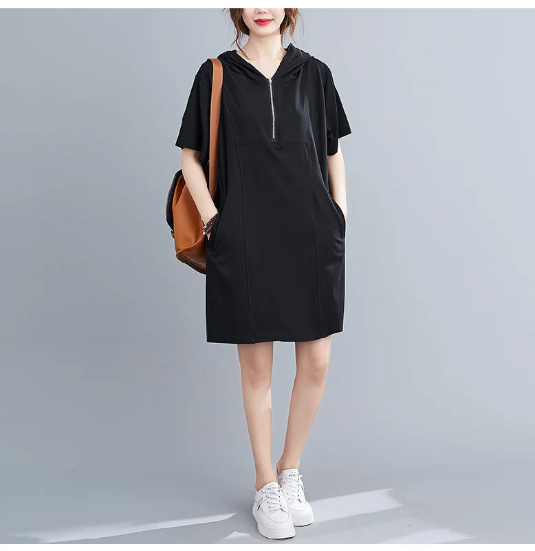 Plus Size Hooded Zipper T Shirt Dress (EXTRA BIG SIZE)