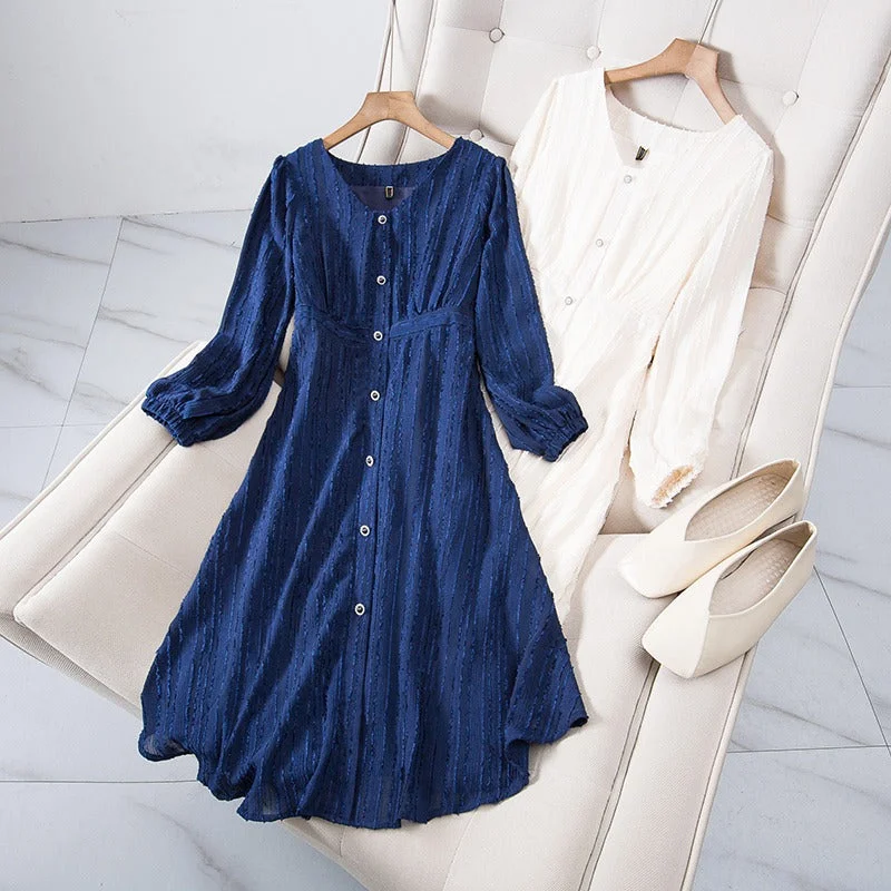 Plus Size Vertical Lines Buttons Long Sleeve Dress