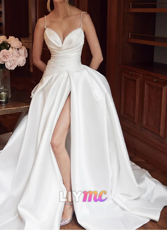 LY955 - V-Neck Straps Pleated High Slit Satin Sweep Train Wedding Dress