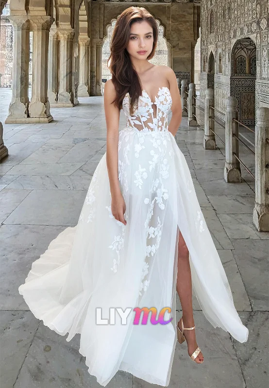 LW027 - A Line Illlusion V neck Appliques Rustic Wedding Dress