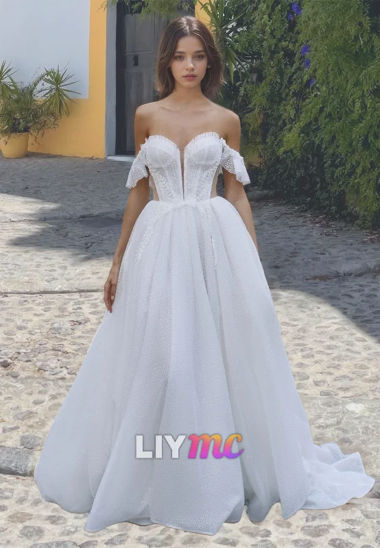 Off-Shoulder Strapless Pleated A-Line Wedding Dress