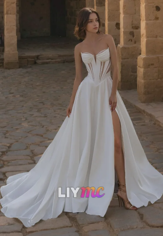 LW099 - A Line Illusion Strapless Cut Outs Pleated Satin Long Wedding Dress With Slit