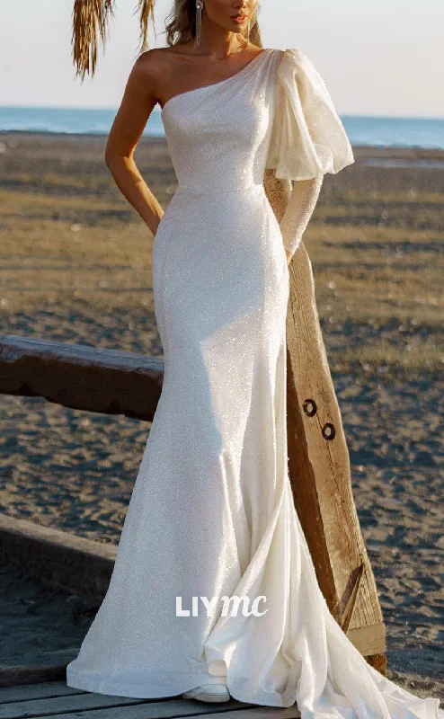 LW869 - Asymmetrical One Sleeves Mermaid Beach Wedding Dress