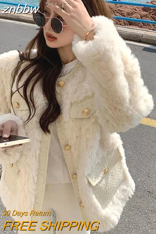 znbbw Autumn Korean Fashion Lamb Wool Coats Luxury Women Streetwear O-Neck Faux Fur Jackets Female Winter Thick Warm Plush Coat