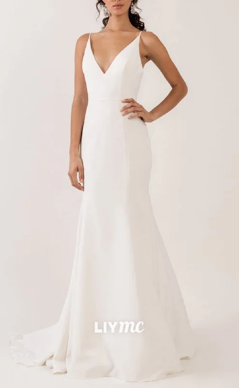 LW849 - V-Neck Spaghetti Straps Pleated Sleek Satin Beach Wedding Dress