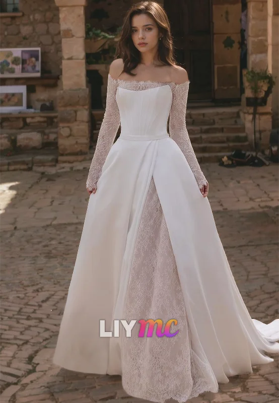 Off-Shoulder Long Sleeves Appliques Satin A-Line Wedding Dress