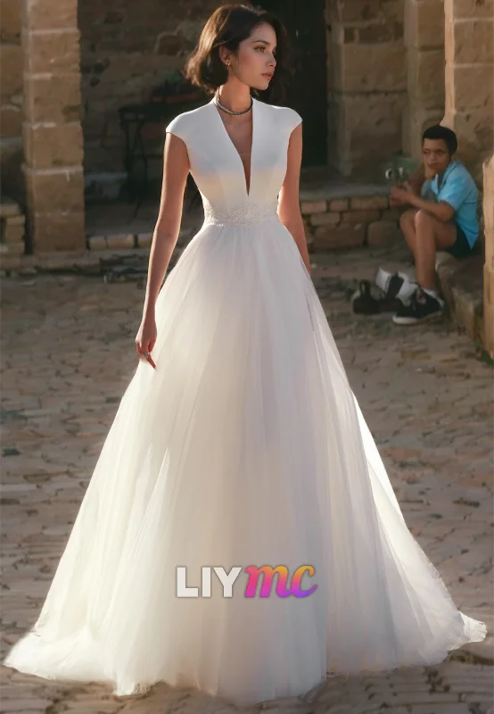 V-Neck Cap Sleeves Tulle A-Line Wedding Dress