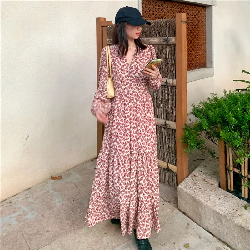 Plus Size Korean Floral Wrap Long Sleeve Midi Dress