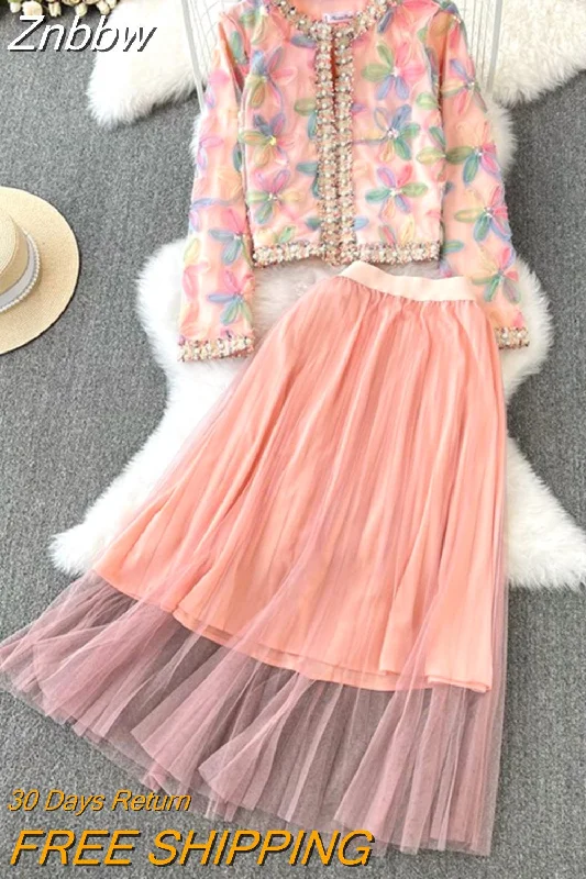 Znbbw Winter Skirt Suit Women Long Sleeve Single Breasted Tweet Beaded Coats High Waist Maxi Pleated Skirt Sweet 2 Piece Sets