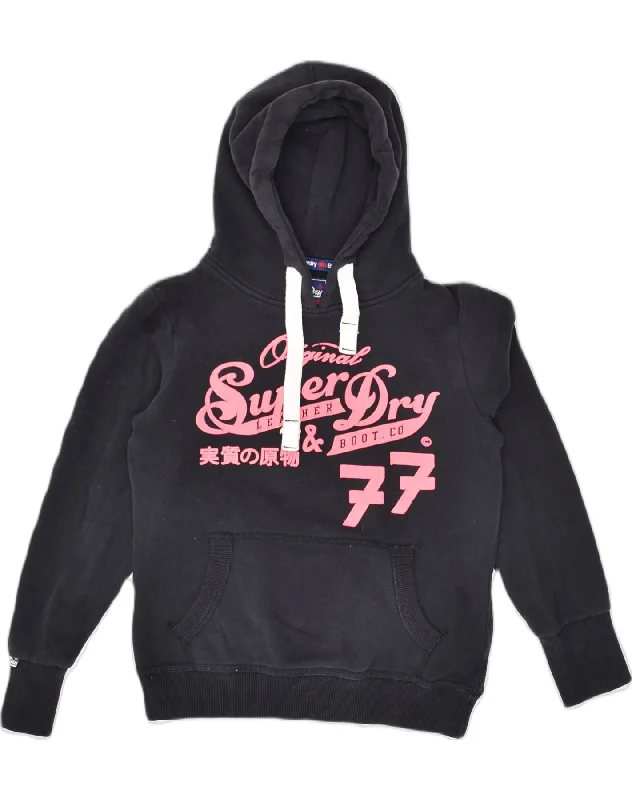 SUPERDRY Womens Graphic Hoodie Jumper UK 10 Small Black Cotton