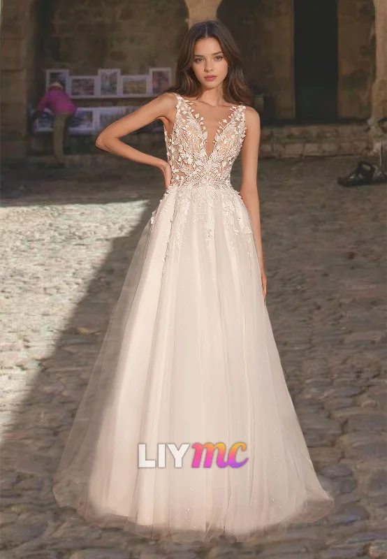 V-Neck Sleeveless Straps Appliques Tulle A-Line Wedding Dress