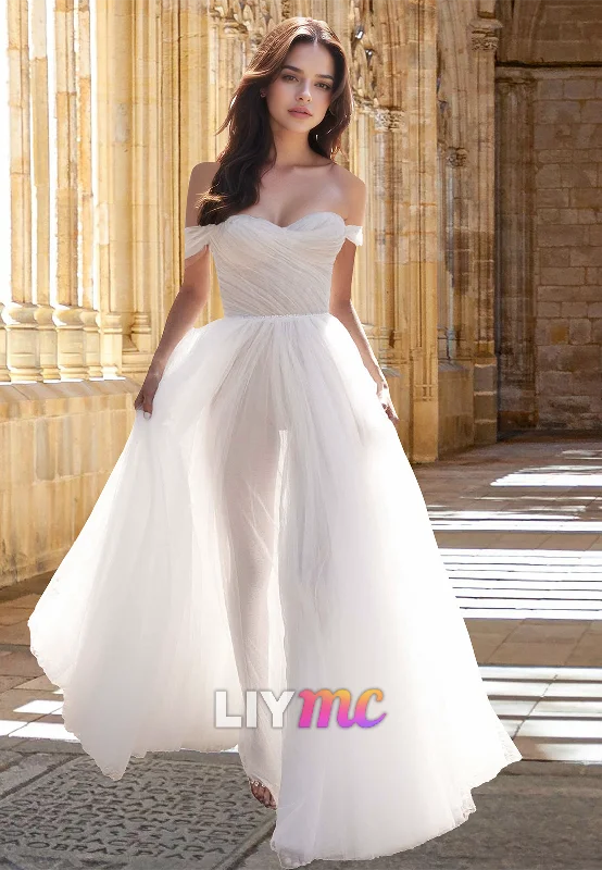 LW002 - A Line Sweetheart Ivory Tulle Boho Wedding Dress with Slit