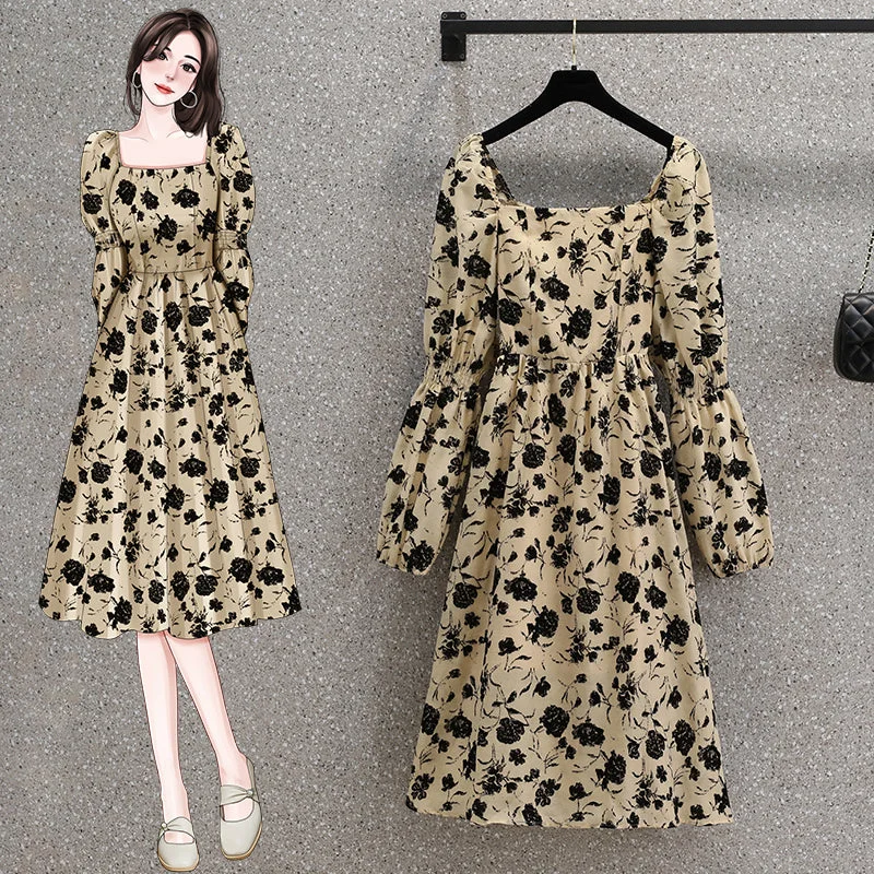 Plus Size Floral Korean Puff Sleeves Slim Dress