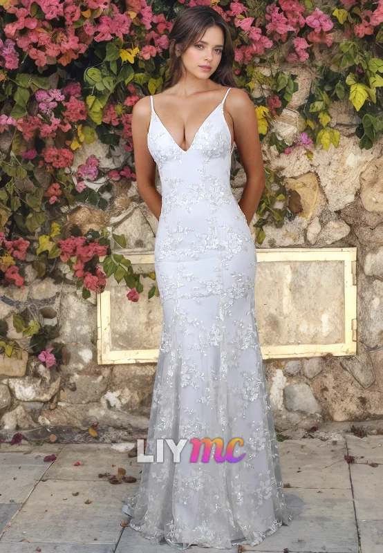 LW061 - Mermaid/Trumpet Spaghetti Straps V Neck Lace Satin Long Wedding Dress