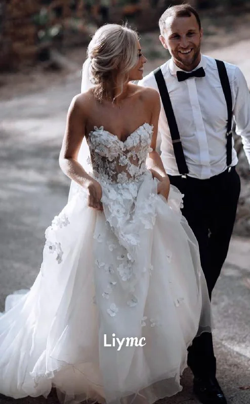 LW033 - A line Sweetheart 3D Lace Appliques Boho Wedding Dress