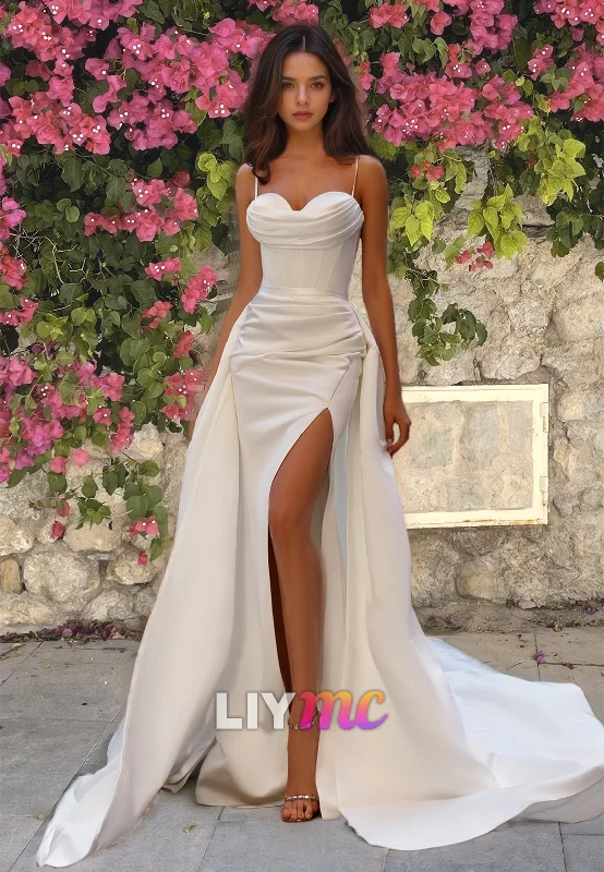 Sweetheart Spaghetti Straps Pleated Side Slit Sleek Sheath Beach Wedding Dress