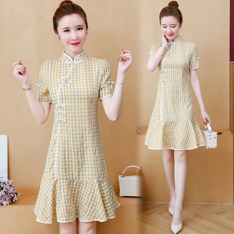 Plus size gingham mermaid cheongsam dress