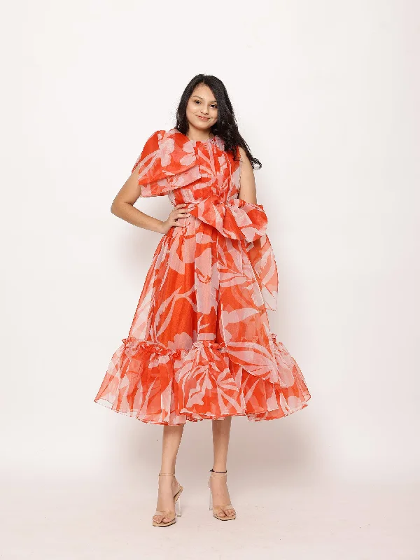 Janyas Closet Lora Floral Print Tea-Length Ruffled Dress