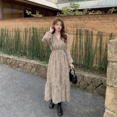 Plus Size Korean Wrap Floral Long Sleeve Dress