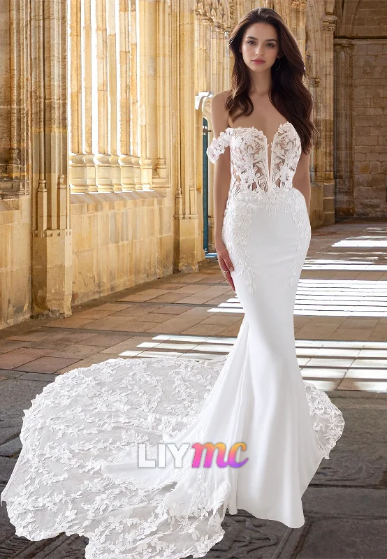 LW028 - Illusion Deep V neck Romantic Lace Appliques Mermaid Wedding Dress