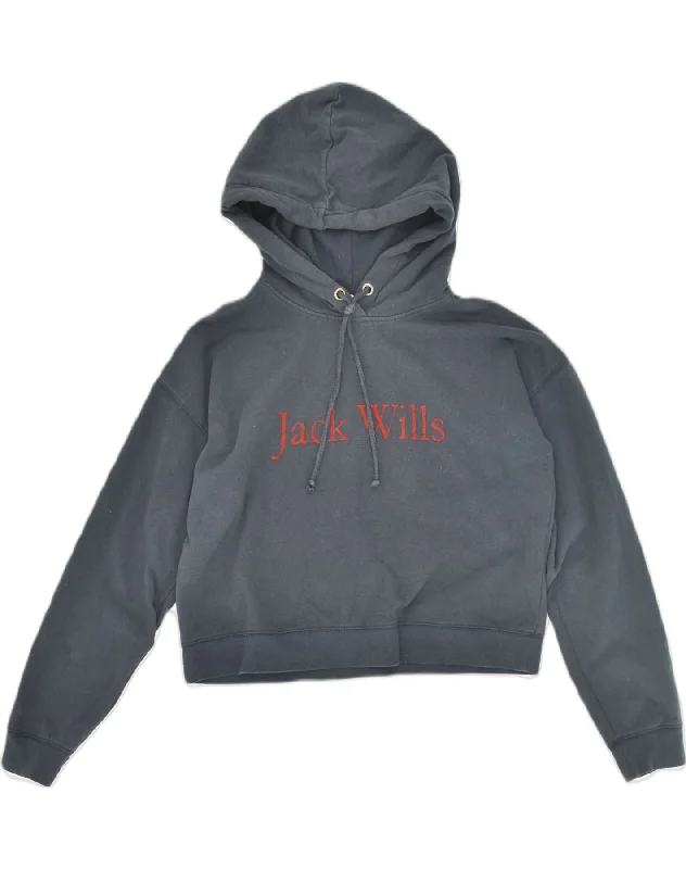 JACK WILLS Womens Graphic Crop Hoodie Jumper UK 10 Small  Navy Blue Cotton