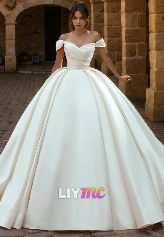 LW124 - Luxurious Off Shoulder Strapless Ruched Satin Ball Wedding Gown