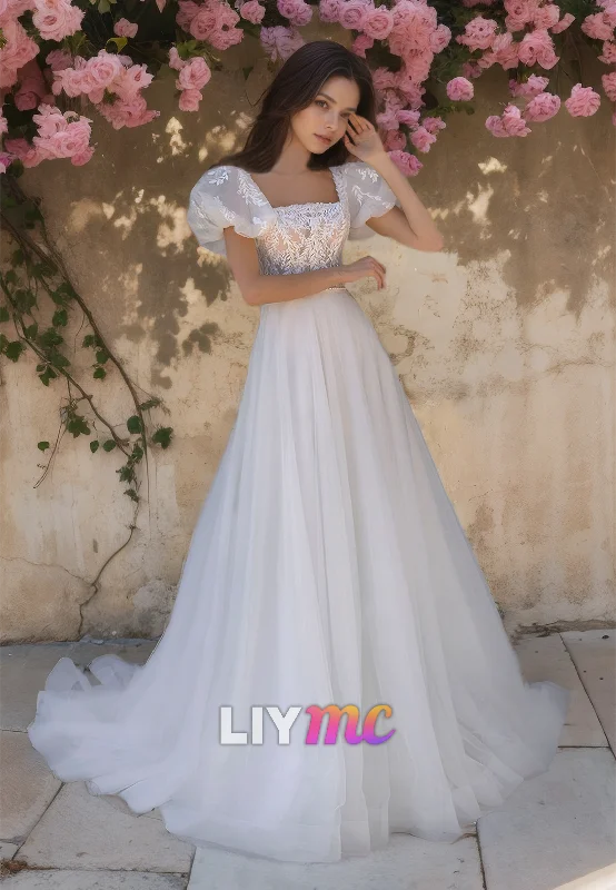 Square Puff Sleeves Appliques Tulle A-Line Beach Wedding Dress