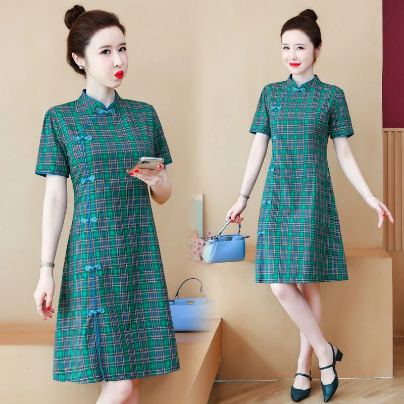 Plus size green vintage checks casual cheongsam dress