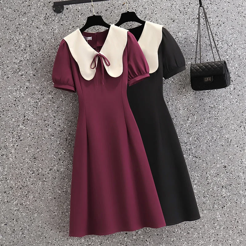 Plus Size Korean Colour Block Ribbon Dress