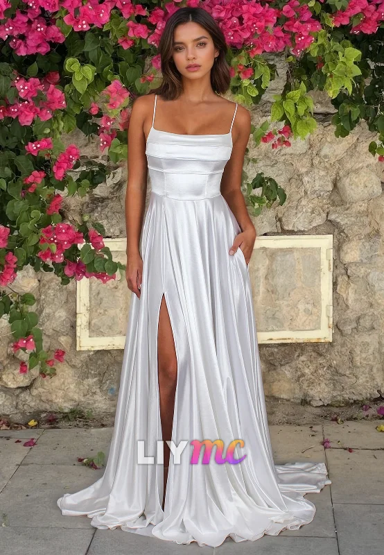 LW074 - Simple Spaghetti Straps Pleated Satin A Line Long Wedding Dress With Slit