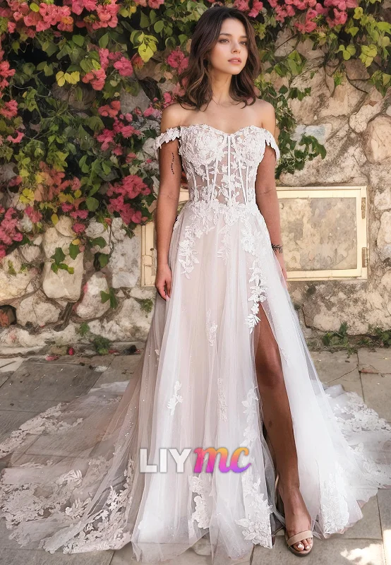 LW052 - A Line Off Shoulder Lace Appliqued Tulle Long Wedding Dress