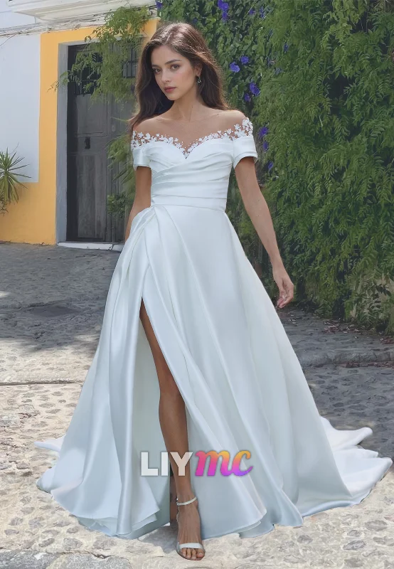 Off-Shoulder Strapless Appliques Pleated Sleek Satin A-Line Wedding Dress