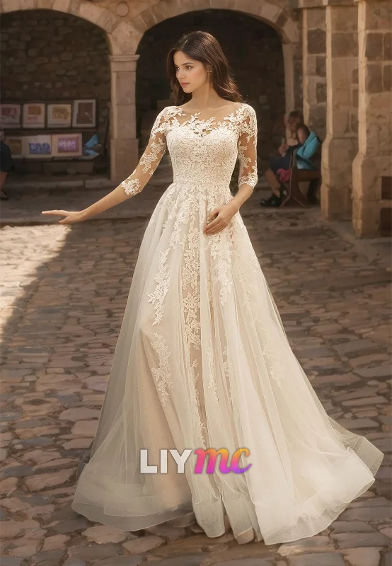 Scoop Long Sleeves Appliques Pleated A-Line Wedding Dress