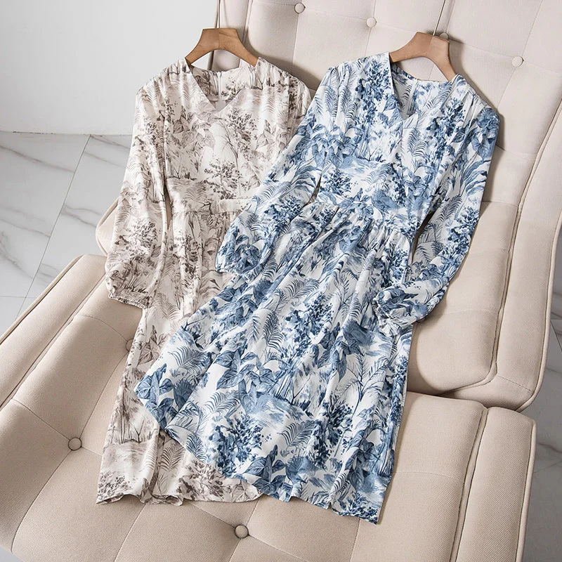 Plus Size Wrap Floral Sketch Long Sleeve Dress