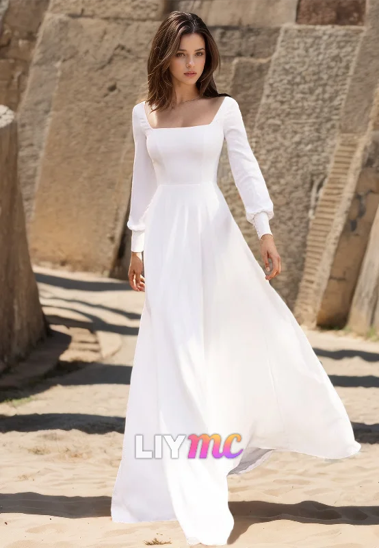 Square Long Sleeves Sleek Pleated A-Line Simple Wedding Dress