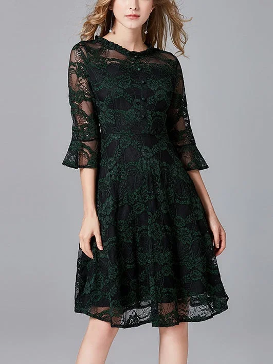 (Ready Stock 3XL - 1 Pc) Maeva Green Lace Bell Sleeve Dress