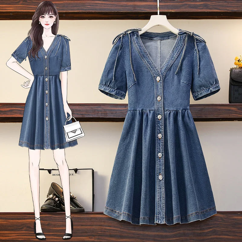 Plus Size Korean Denim Ribbon Shirt Dress