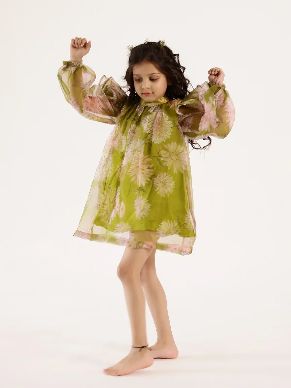 Janya's Closet Tinkerbell's Green Floral Organza Dress