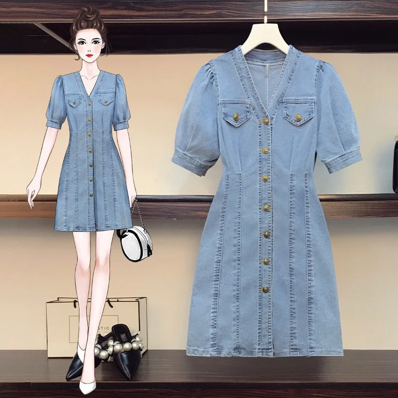 Plus size buttons v neck denim dress