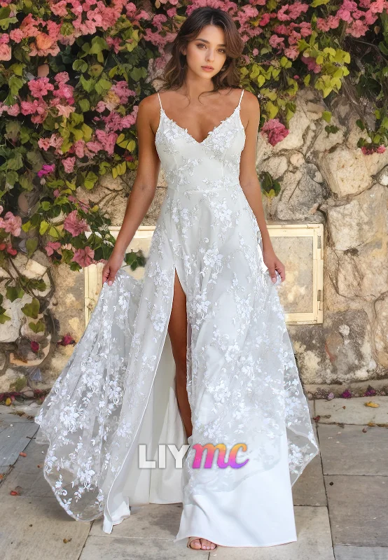 LW069 - Elegant Spaghetti Straps Lace Satin A Line Long Wedding Dress With Slit