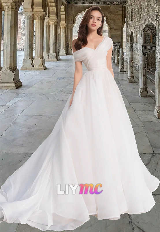 LW015 - A line One Shoulder Organza Simple Wedding Dress with Court Train