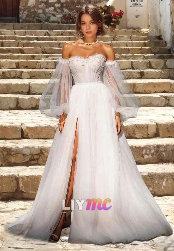 LW017 - A Line Sweetheart 3D Appliques Long Sleeves Boho Wedding Dress with Slit