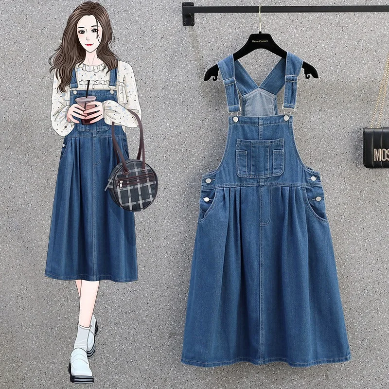 Plus Size A Line Denim Suspender Dress