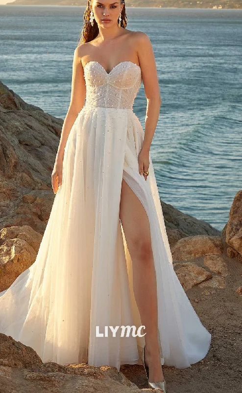 LW893 - Sweetheart Sleeveless Pleated Beaded A-Line High Slit Beach Weding Dress