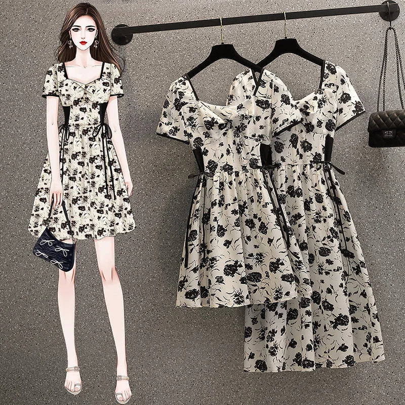 Plus Size Korean Monochrome Floral Flounce Dress