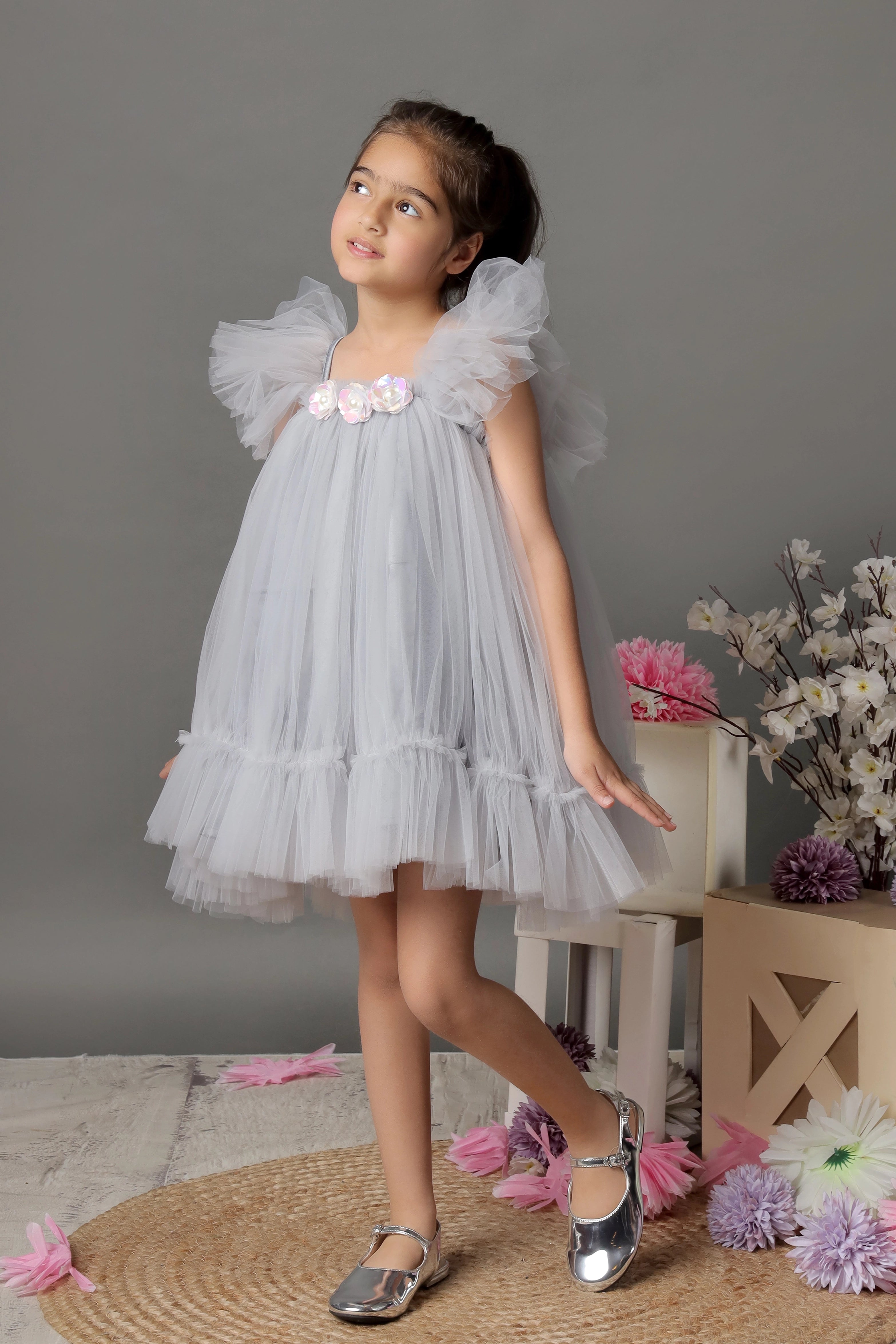 Silver Petal Flutter Dress