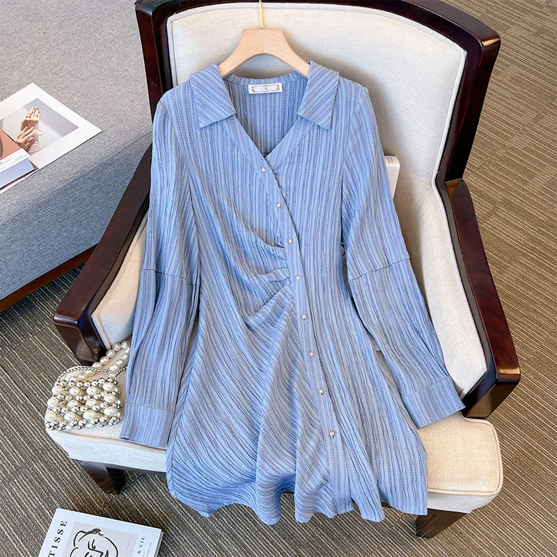 Plus Size Korean Textured Long Sleeve Shirt Dress